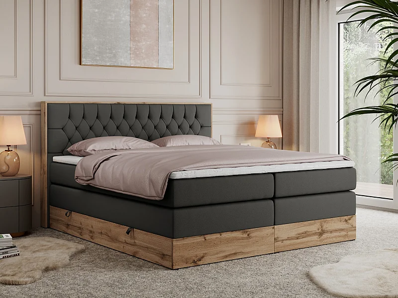 Boxspringbett AMORE KING - gesteppte Kopfstütze, Polsterbett mit zwei Multipocket-Matratzen, Holzrahmen - 160x200 cm - H4 - Dunkelgrau Kunstleder