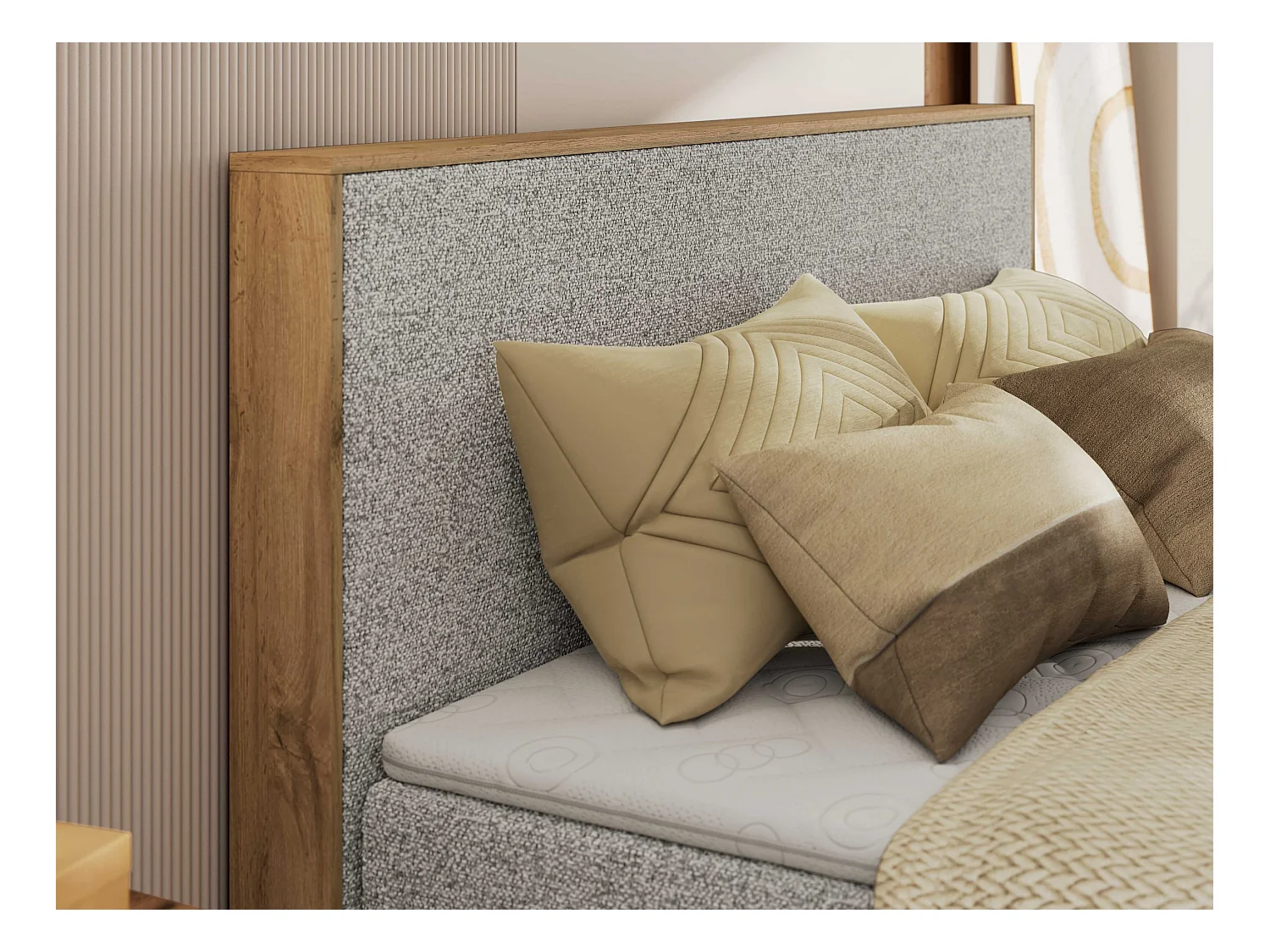 Boxspringbett WOOD CLASSIC KING - Polsterbett mit hohe Kopfteil, zwei Multipocket-Matratze, Bettkästen - 200x200 cm - H4 - Hellgrau Strukture