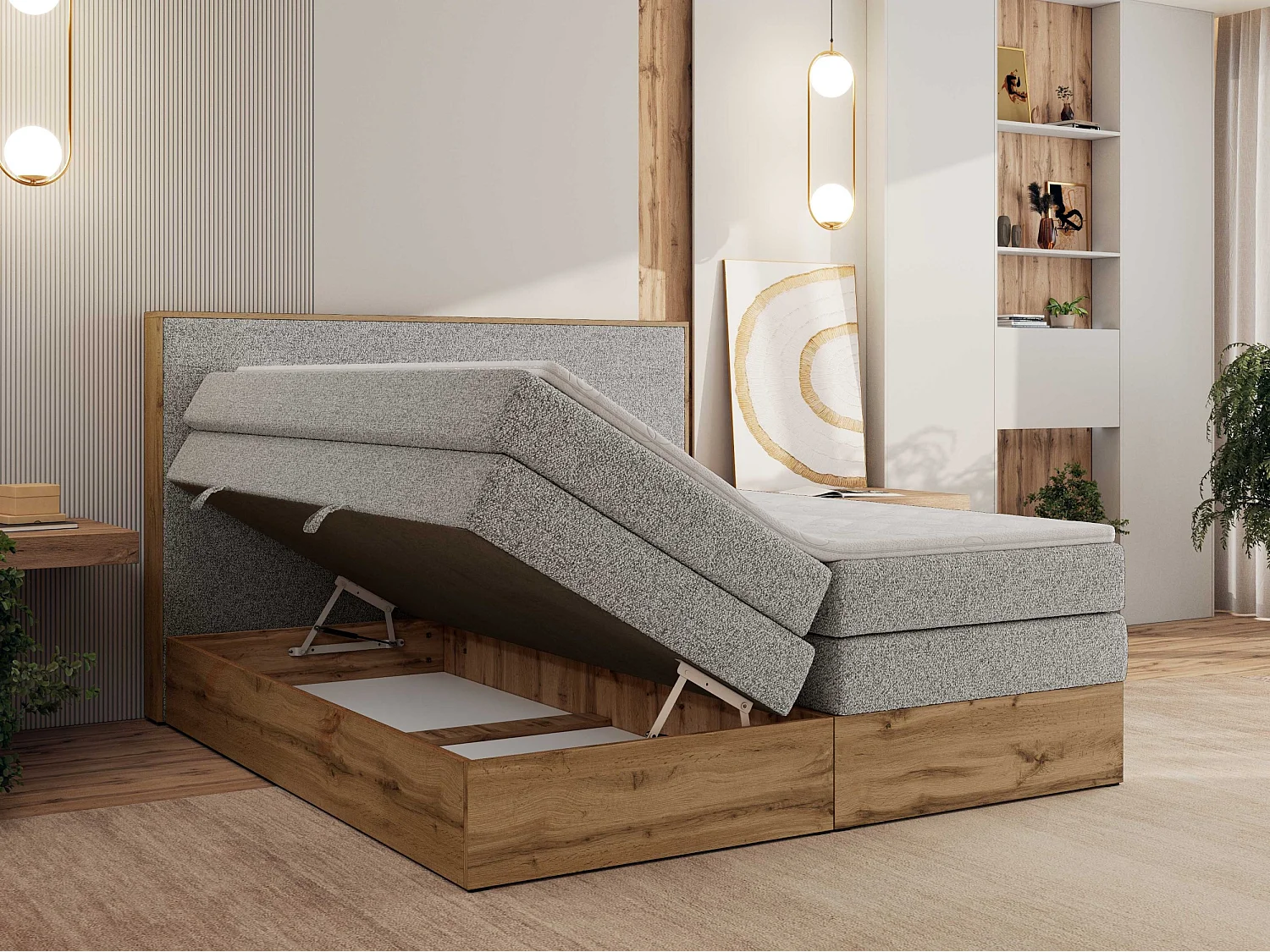 Boxspringbett WOOD CLASSIC KING - Polsterbett mit hohe Kopfteil, zwei Multipocket-Matratze, Bettkästen - 200x200 cm - H4 - Hellgrau Strukture