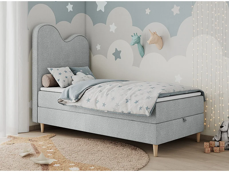 Kinderbett FLOW - Boxspringbett mit Stauraum, Einzelbett für Jugendliche, Bettkasten und hohe Kopfteil - 90x180 cm - Hellgrau Strukture
