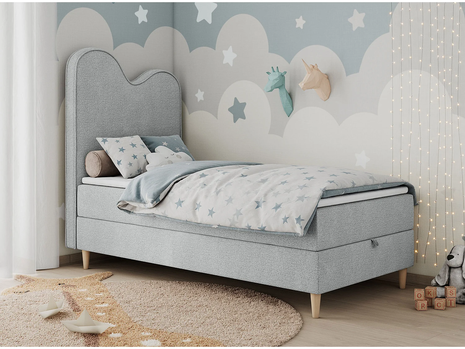 Kinderbett FLOW - Boxspringbett mit Stauraum, Einzelbett für Jugendliche, Bettkasten und hohe Kopfteil - 90x180 cm - Hellgrau Strukture