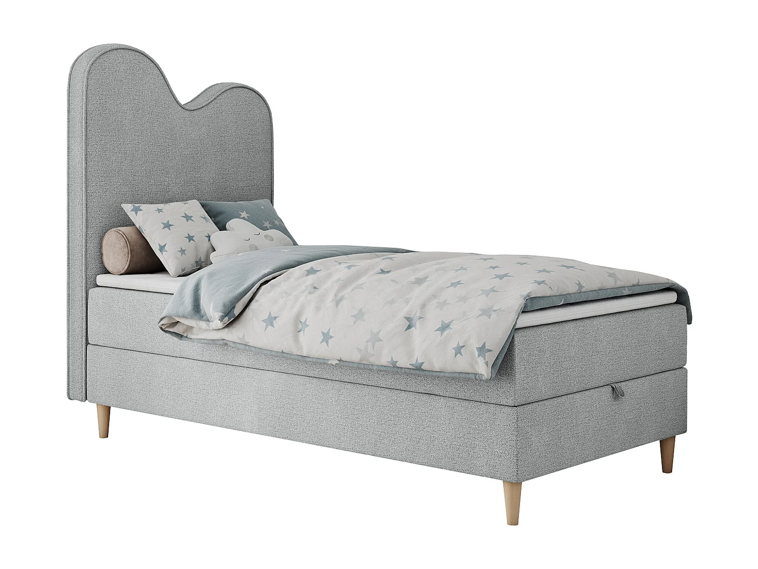 Kinderbett FLOW - Boxspringbett mit Stauraum, Einzelbett für Jugendliche, Bettkasten und hohe Kopfteil - 90x180 cm - Hellgrau Strukture