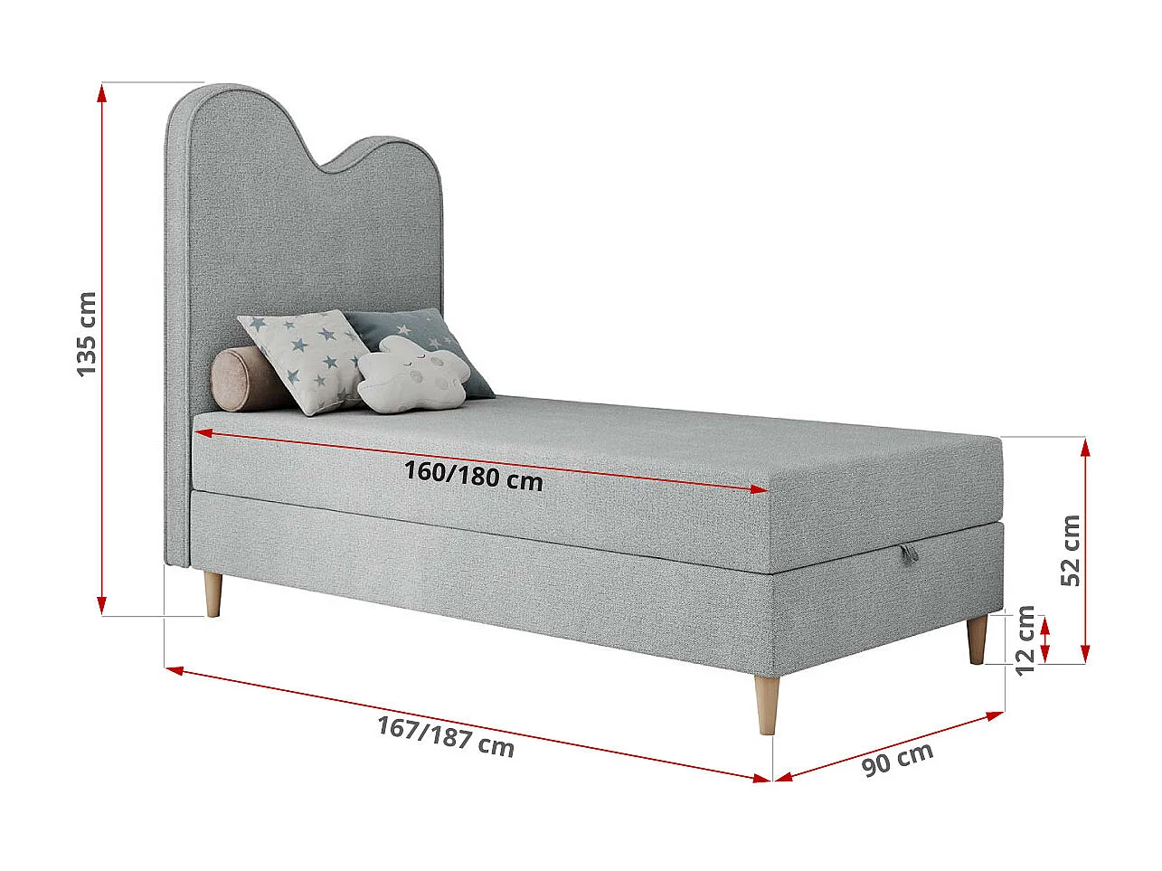 Kinderbett FLOW - Boxspringbett mit Stauraum, Einzelbett für Jugendliche, Bettkasten und hohe Kopfteil - 90x180 cm - Hellgrau Strukture
