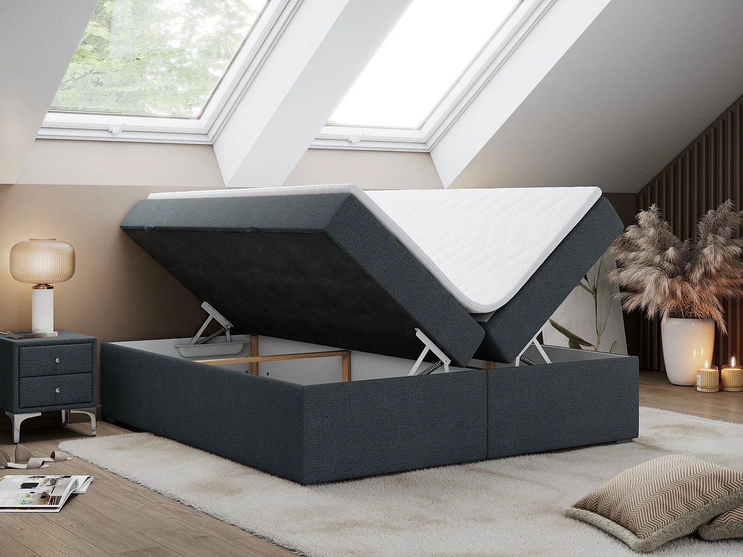 Boxspringbett BESS - Doppelbett mit Stauraum, Polsterbett, Multipocket-Matratzen und Topper - 180x200 cm - H4 - Dunkelgrau Strukture