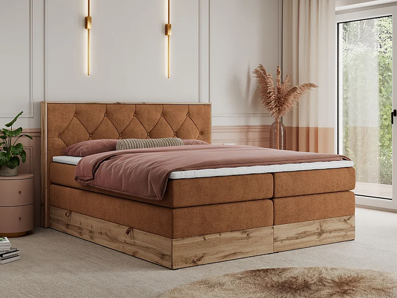 Boxspringbett VENETO KING - Polsterbett mit Multipocket-Matratzen und Kopfteil, Holzrahmen, zwei Bettkästen - 180x200 cm - H4 - Orange Strukture