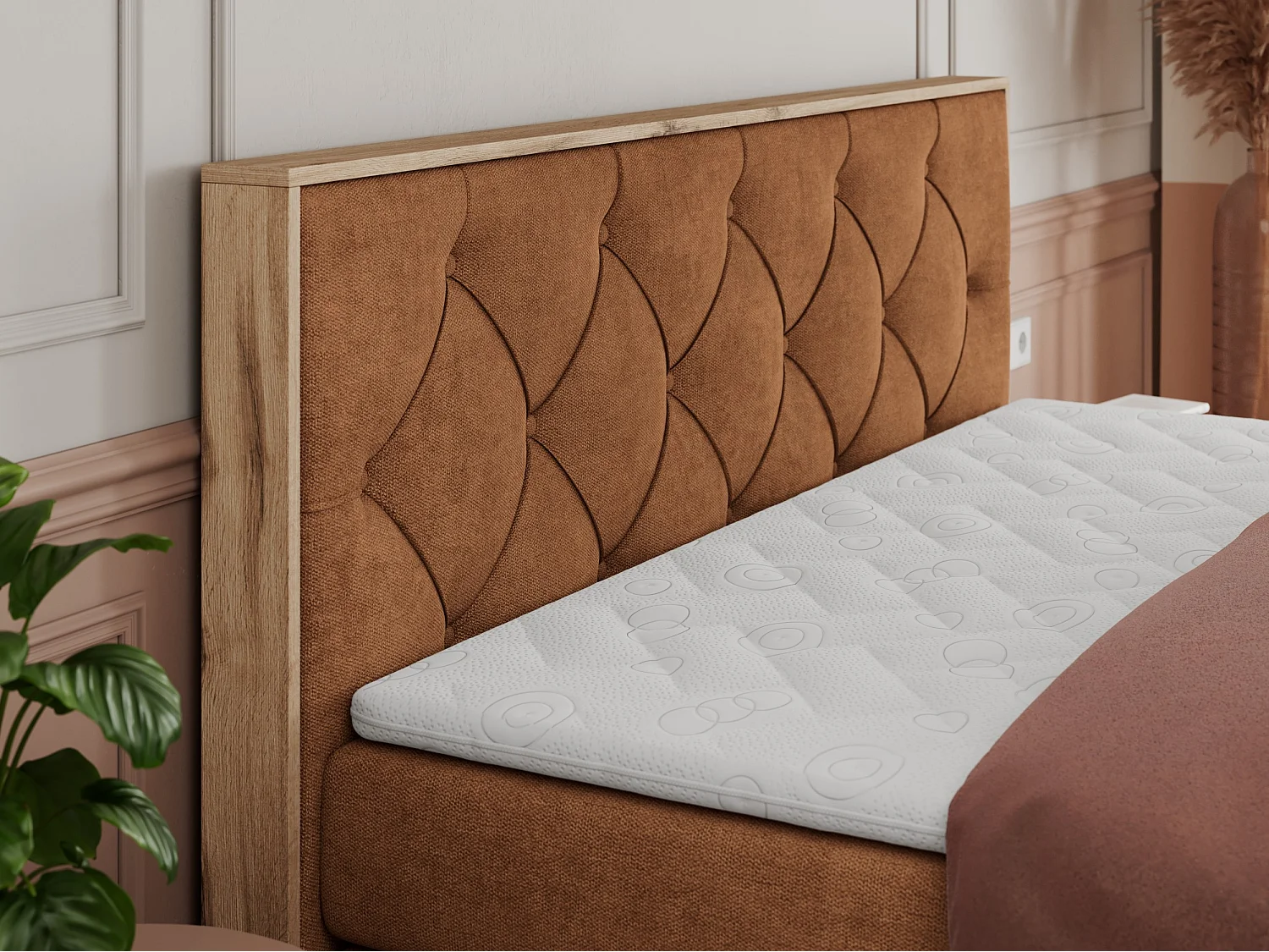 Boxspringbett VENETO KING - Polsterbett mit Multipocket-Matratzen und Kopfteil, Holzrahmen, zwei Bettkästen - 180x200 cm - H4 - Orange Strukture