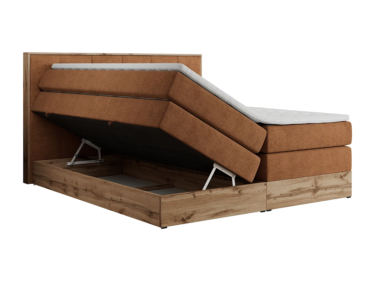 Boxspringbett VENETO KING - Polsterbett mit Multipocket-Matratzen und Kopfteil, Holzrahmen, zwei Bettkästen - 180x200 cm - H4 - Orange Strukture