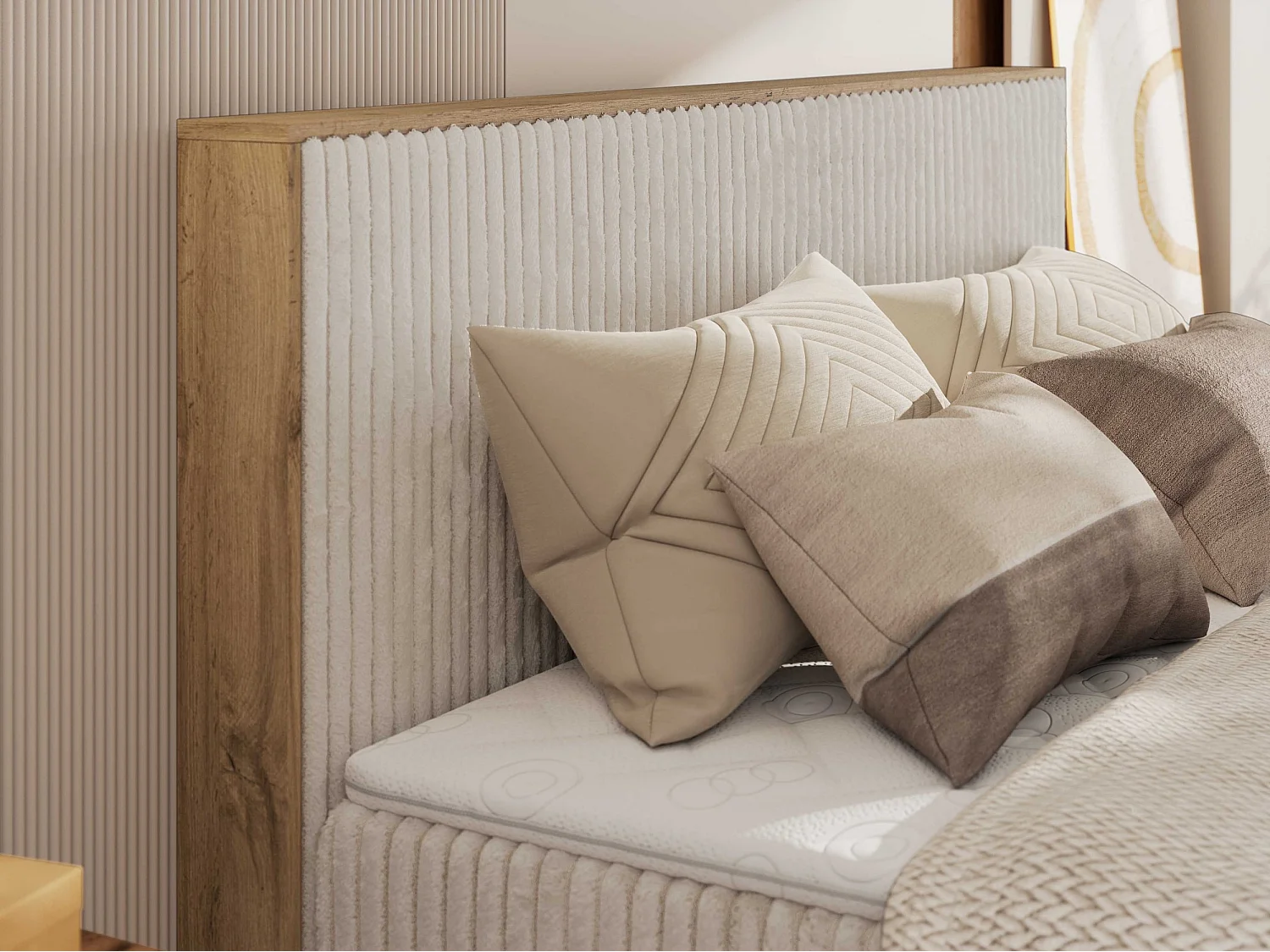 Boxspringbett WOOD CLASSIC KING - Polsterbett mit hohe Kopfteil, zwei Multipocket-Matratze, Bettkästen - 180x200 cm - H4 - Beige Cord