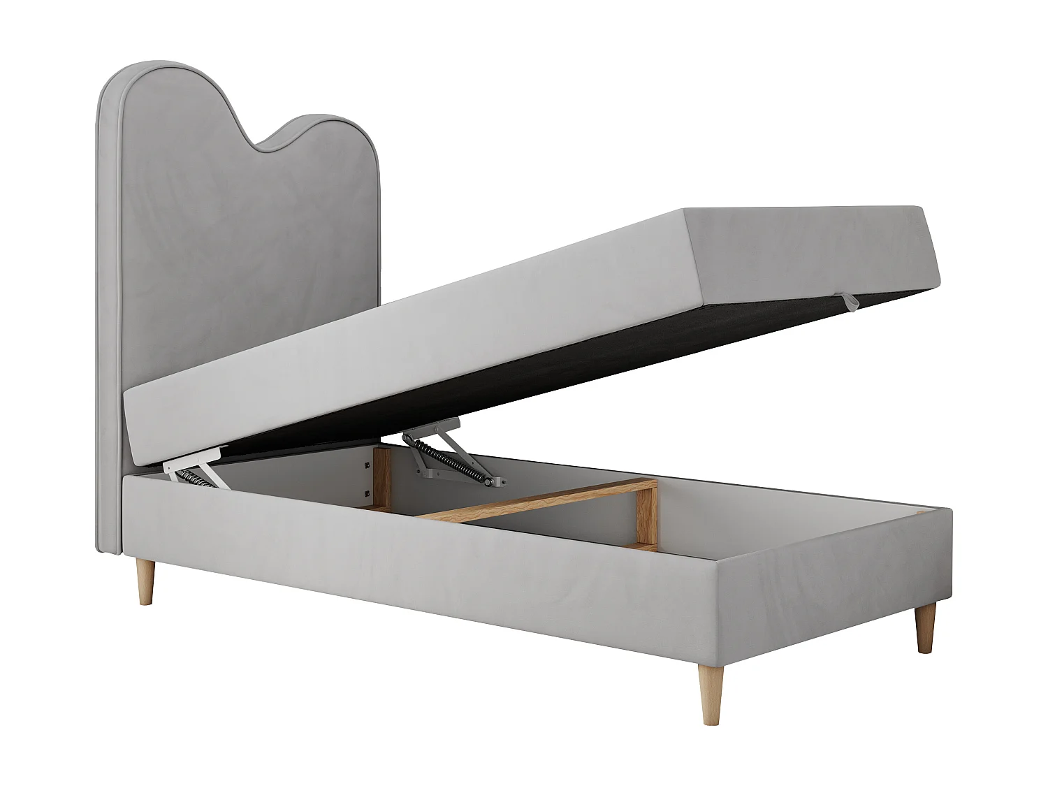 Kinderbett FLOW - Boxspringbett mit Stauraum, Einzelbett für Jugendliche, Bettkasten und hohe Kopfteil - 90x180 cm - Hellgrau Velvet