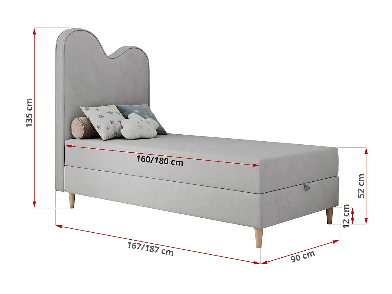 Kinderbett FLOW - Boxspringbett mit Stauraum, Einzelbett für Jugendliche, Bettkasten und hohe Kopfteil - 90x180 cm - Hellgrau Velvet