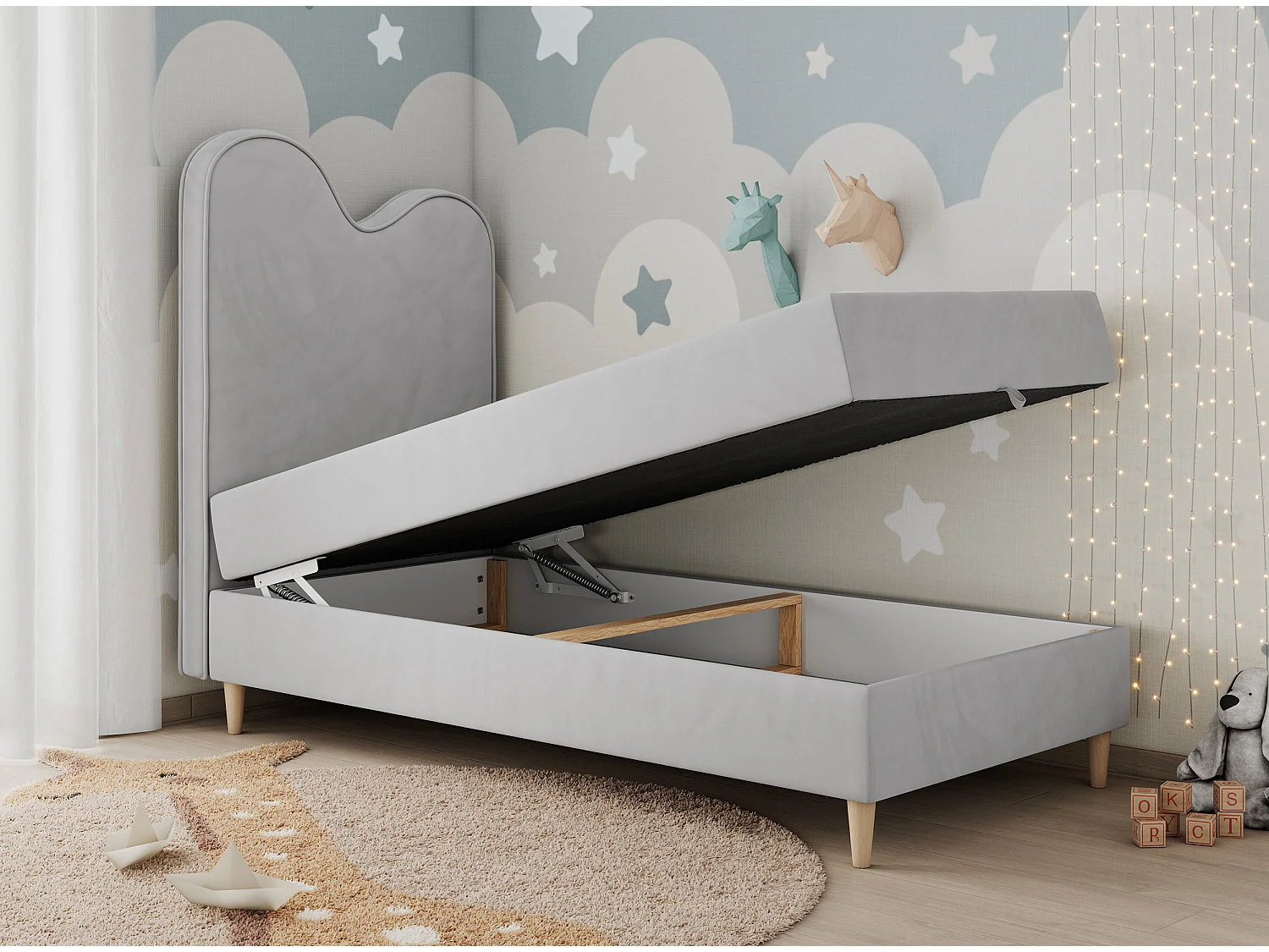 Kinderbett FLOW - Boxspringbett mit Stauraum, Einzelbett für Jugendliche, Bettkasten und hohe Kopfteil - 90x180 cm - Hellgrau Velvet