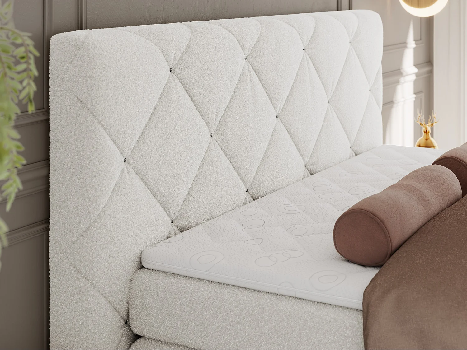 Boxspringbett RITA - Set mit Kopfteil, Multipocket-Matratze und Topper, Doppelbett für Schlafzimmer - 140x200 cm - H3 - Weiß Boucle