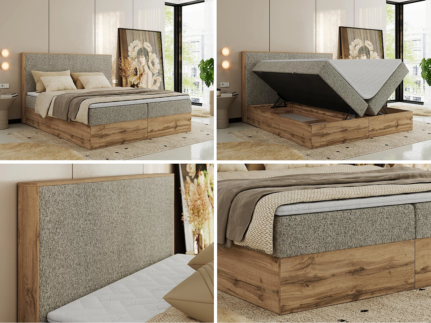 Boxspringbett WOOD CLASSIC - Doppelbett für Schlafzimmer, Set mit Multipocket-Matratze, Holzrahmen - 200x200 cm - H3 - Dunkelbeige Strukture