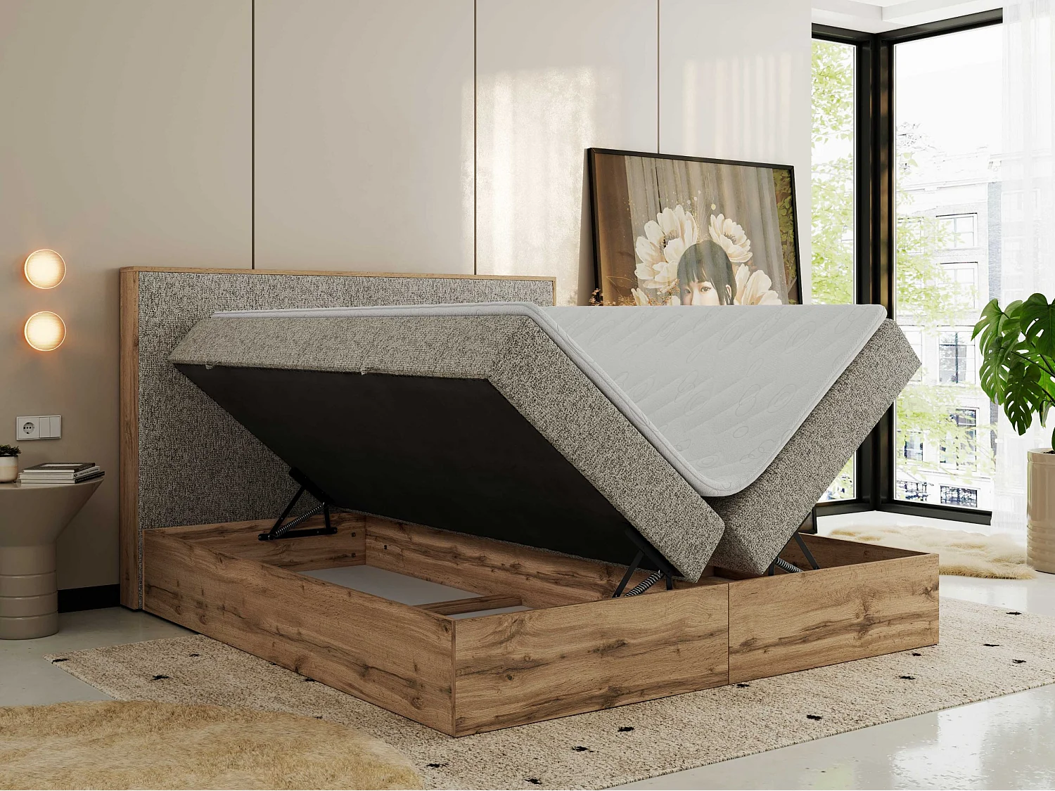 Boxspringbett WOOD CLASSIC - Doppelbett für Schlafzimmer, Set mit Multipocket-Matratze, Holzrahmen - 200x200 cm - H3 - Dunkelbeige Strukture