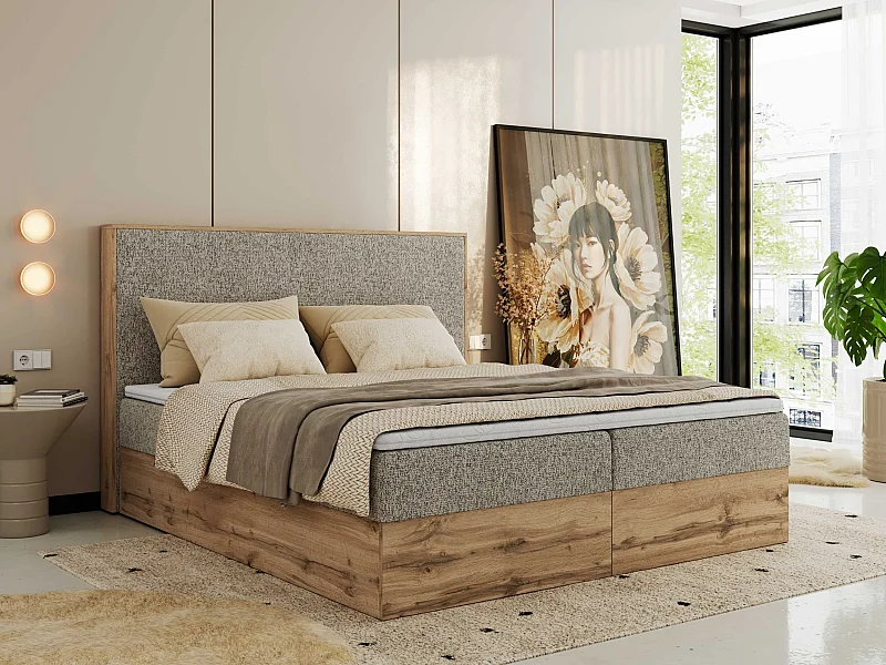 Boxspringbett WOOD CLASSIC - Doppelbett für Schlafzimmer, Set mit Multipocket-Matratze, Holzrahmen - 200x200 cm - H3 - Dunkelbeige Strukture