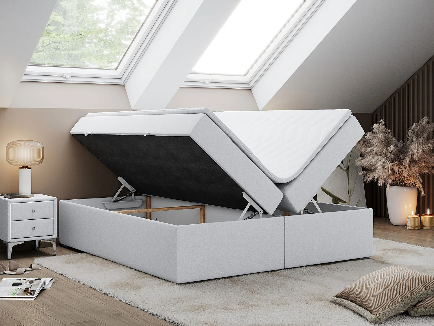 Boxspringbett BESS - Doppelbett mit Stauraum, Polsterbett, Multipocket-Matratzen und Topper - 120x200 cm - H4 - Weiß Kunstleder