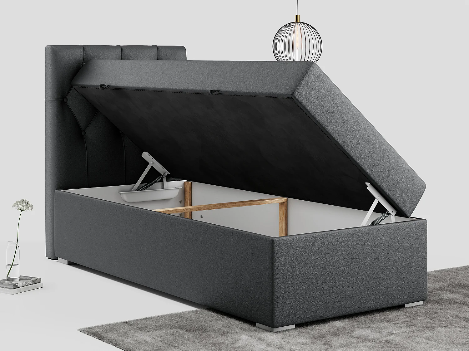 Boxspringbett ALDA - Einzelbett mit gestepptem Kopfteil, Multipocket-Matratze und Topper, Bettkasten - 90x200 cm - H3 - Dunkelgrau Kunstleder - Links Seite