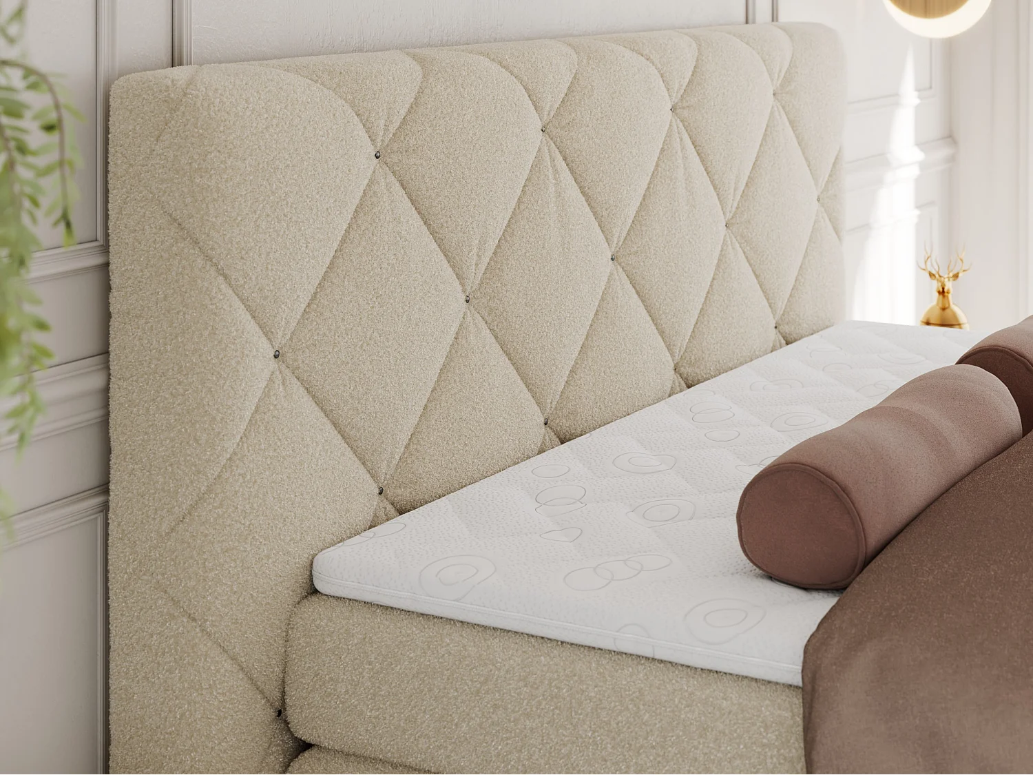 Boxspringbett RITA - Set mit Kopfteil, Multipocket-Matratze und Topper, Doppelbett für Schlafzimmer - 160x200 cm - H3 - Beige Boucle