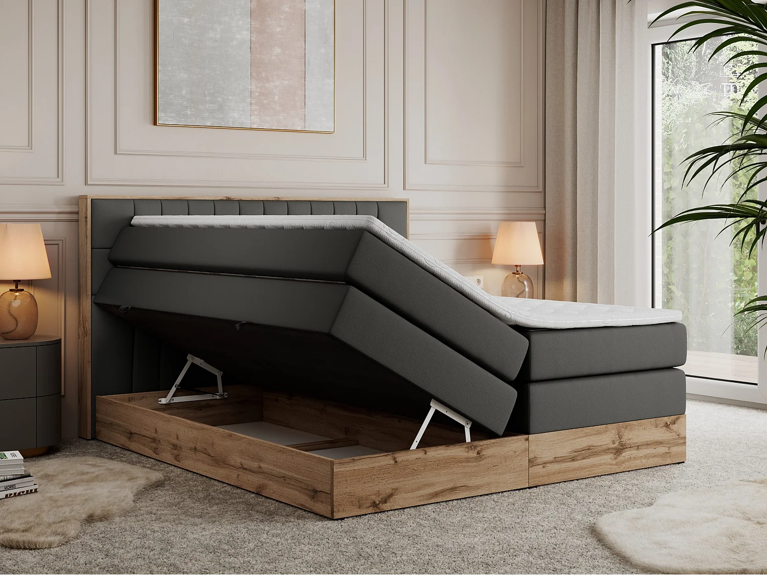 Boxspringbett AMORE KING - gesteppte Kopfstütze, Polsterbett mit zwei Multipocket-Matratzen, Holzrahmen - 180x200 cm - H3 - Dunkelgrau Kunstleder