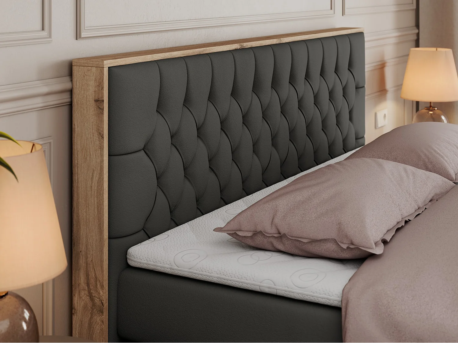 Boxspringbett AMORE KING - gesteppte Kopfstütze, Polsterbett mit zwei Multipocket-Matratzen, Holzrahmen - 180x200 cm - H3 - Dunkelgrau Kunstleder