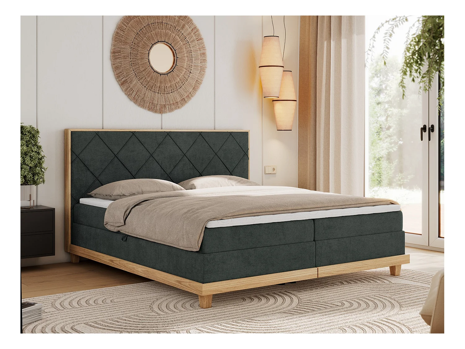 Boxspringbett CAICOS - mit gestepptem Kopfteil, Multipocket-Matratze und Topper, Holzelementen - 180x200 cm - H3 - Dunkelgrau Strukture