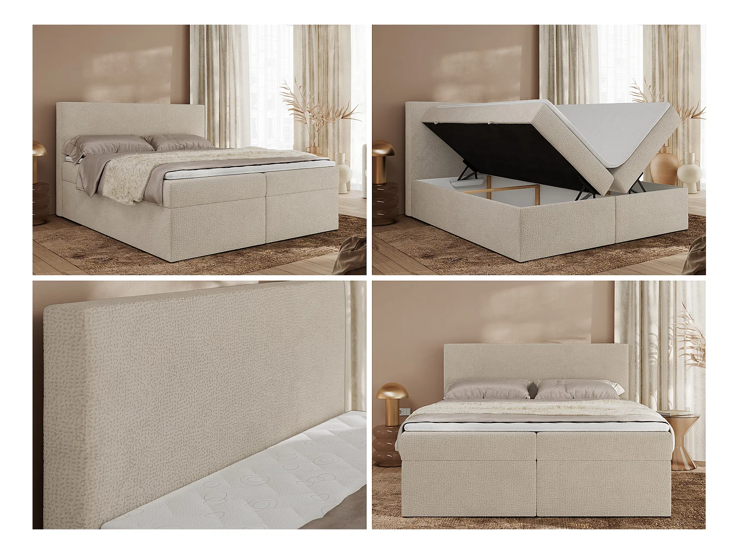 Boxspringbett JAGUAR - Doppelbett mit Multipocket-Matratze und Topper, Struktur dekostoff, zwei Bettkästen - 180x200 cm - H4 - Beige Struktur
