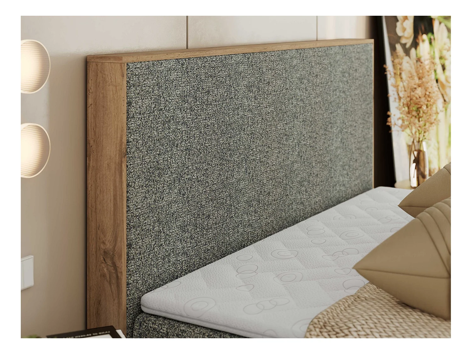 Boxspringbett WOOD CLASSIC - Doppelbett für Schlafzimmer, Set mit Multipocket-Matratze, Holzrahmen - 160x200 cm - H4 - Grau Strukture