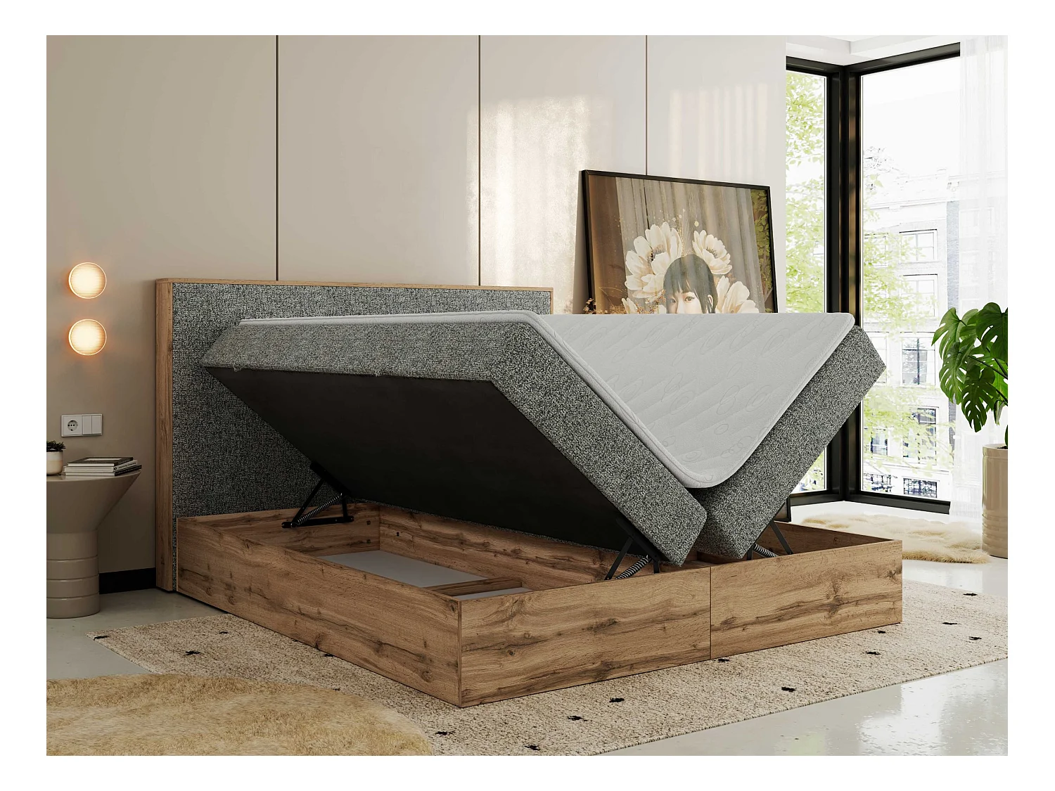 Boxspringbett WOOD CLASSIC - Doppelbett für Schlafzimmer, Set mit Multipocket-Matratze, Holzrahmen - 160x200 cm - H4 - Grau Strukture