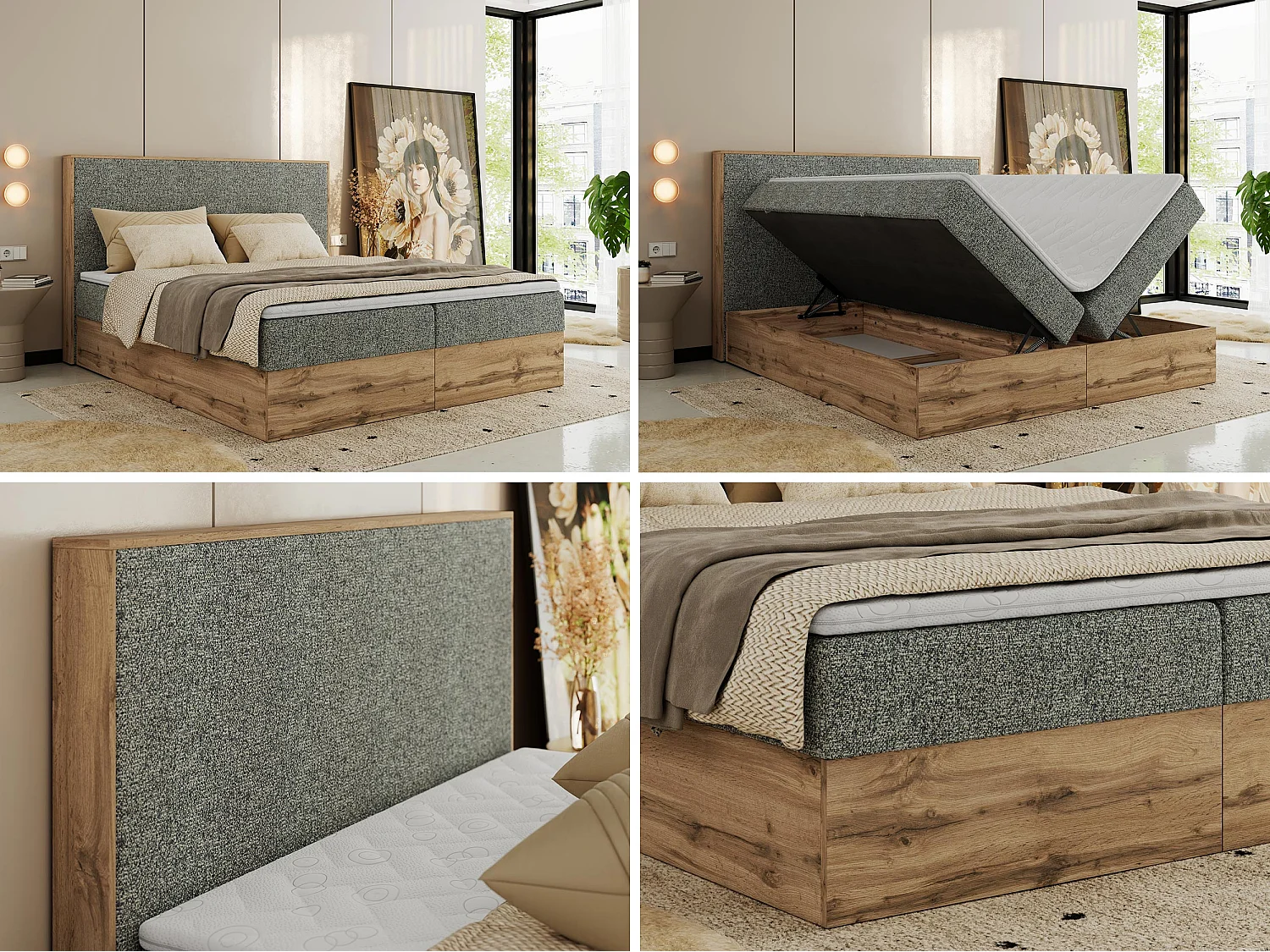 Boxspringbett WOOD CLASSIC - Doppelbett für Schlafzimmer, Set mit Multipocket-Matratze, Holzrahmen - 160x200 cm - H4 - Grau Strukture