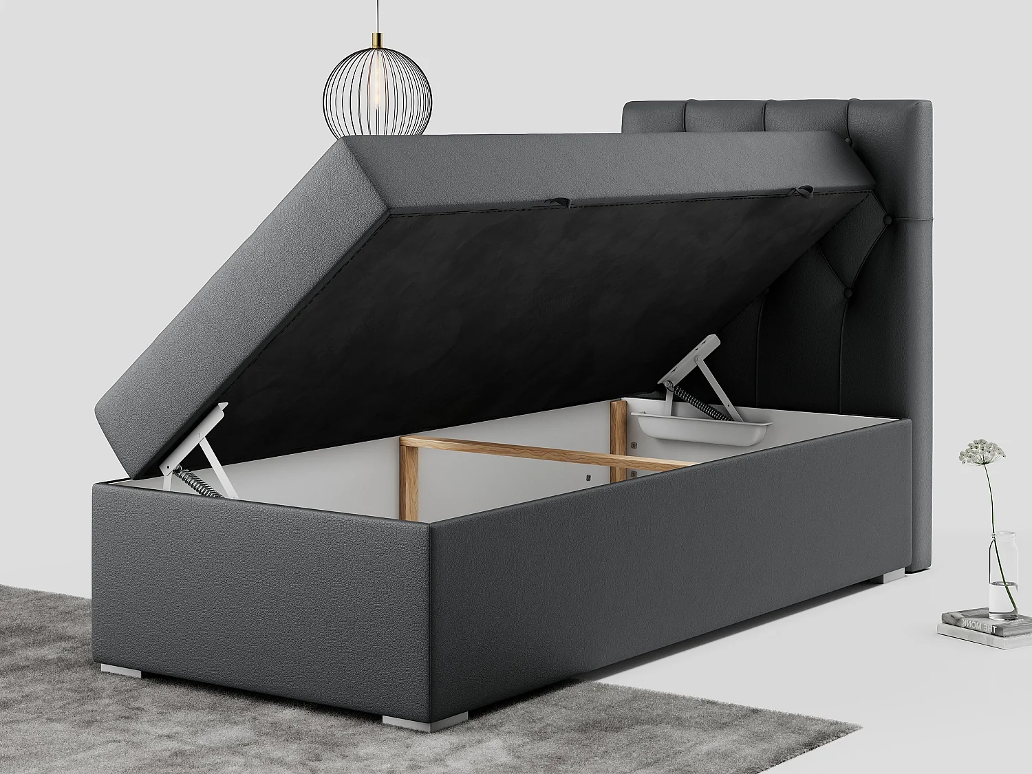 Boxspringbett ALDA - Einzelbett mit gestepptem Kopfteil, Multipocket-Matratze und Topper, Bettkasten - 90x200 cm - H4 - Dunkelgrau Kunstleder - Rechts Seite