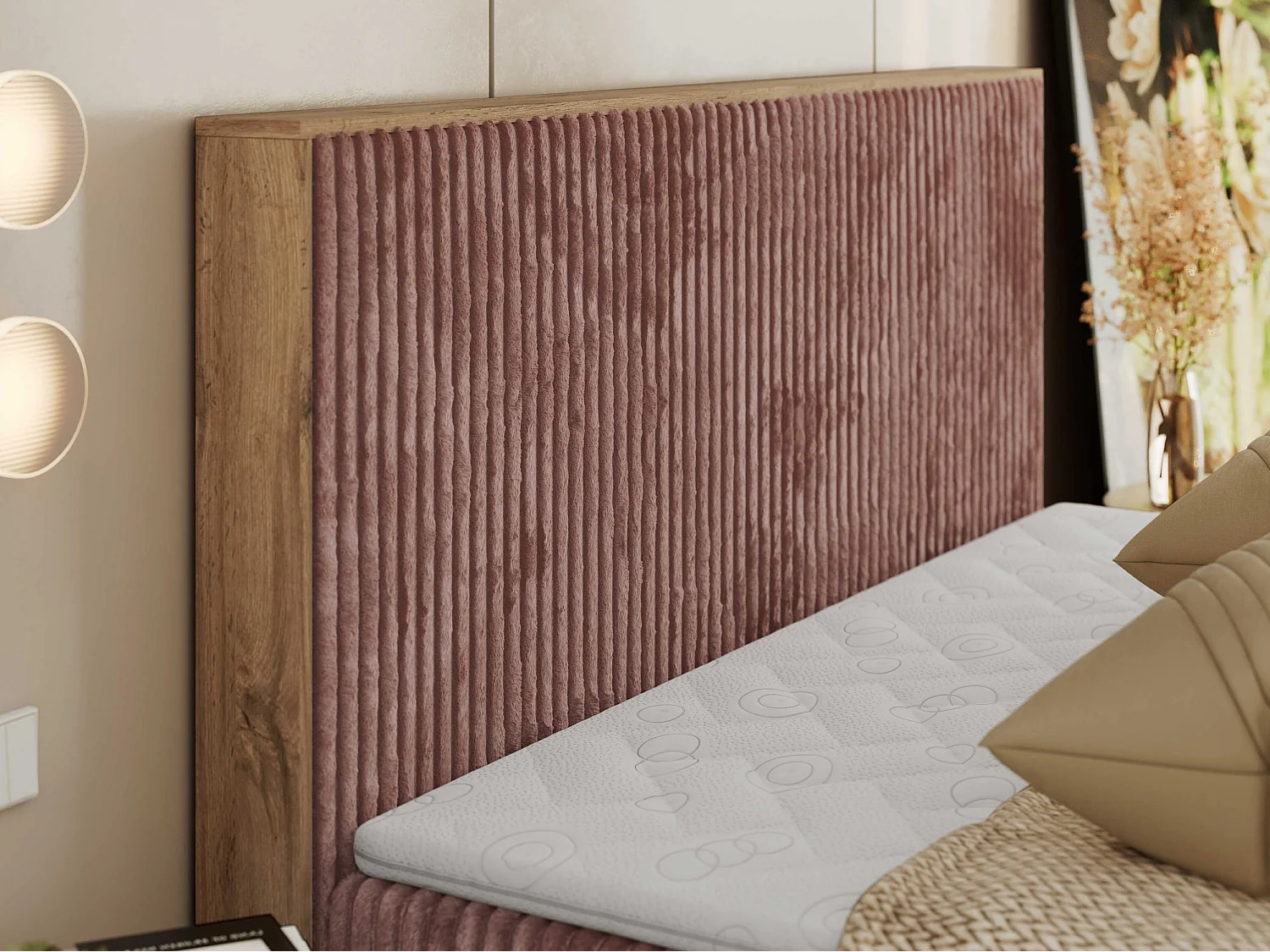 Boxspringbett WOOD CLASSIC - Doppelbett für Schlafzimmer, Set mit Multipocket-Matratze, Holzrahmen - 180x200 cm - H3 - Rosa Cord