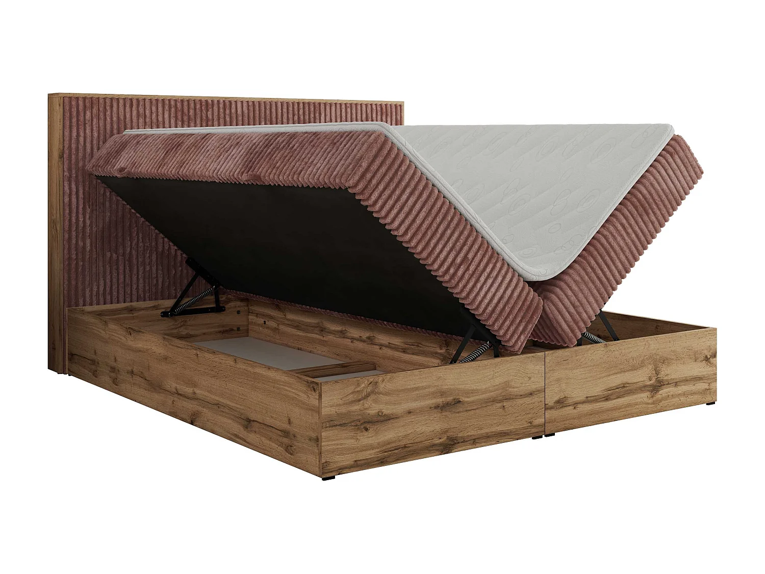Boxspringbett WOOD CLASSIC - Doppelbett für Schlafzimmer, Set mit Multipocket-Matratze, Holzrahmen - 180x200 cm - H3 - Rosa Cord