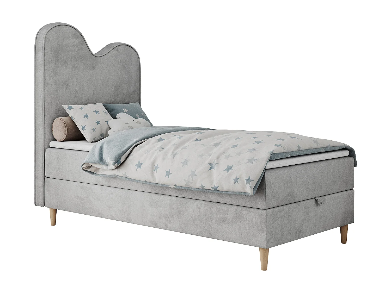 Kinderbett FLOW - Boxspringbett mit Stauraum, Einzelbett für Jugendliche, Bettkasten und hohe Kopfteil - 90x180 cm - Hellgrau Velvet