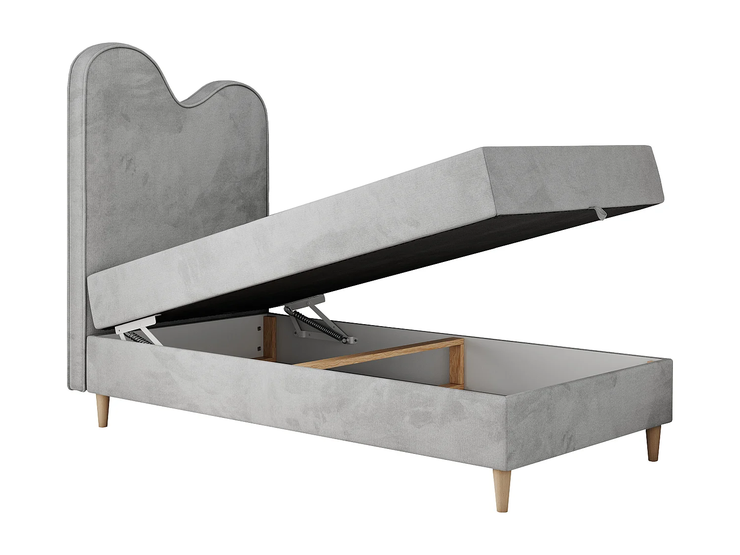 Kinderbett FLOW - Boxspringbett mit Stauraum, Einzelbett für Jugendliche, Bettkasten und hohe Kopfteil - 90x180 cm - Hellgrau Velvet