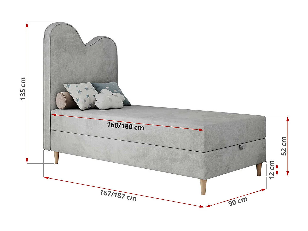 Kinderbett FLOW - Boxspringbett mit Stauraum, Einzelbett für Jugendliche, Bettkasten und hohe Kopfteil - 90x180 cm - Hellgrau Velvet
