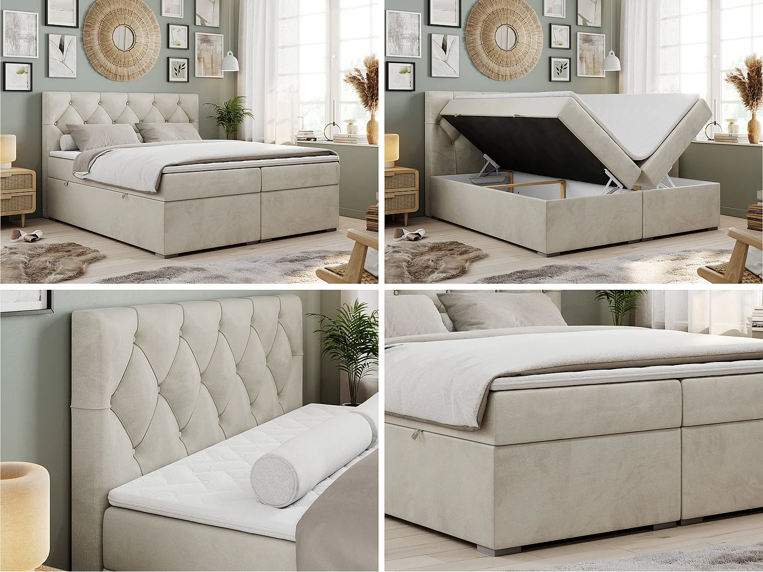 Boxspringbed met hoofdbord H4 + Topper T25 - Beige Fluweel - 120x200 - ROMA