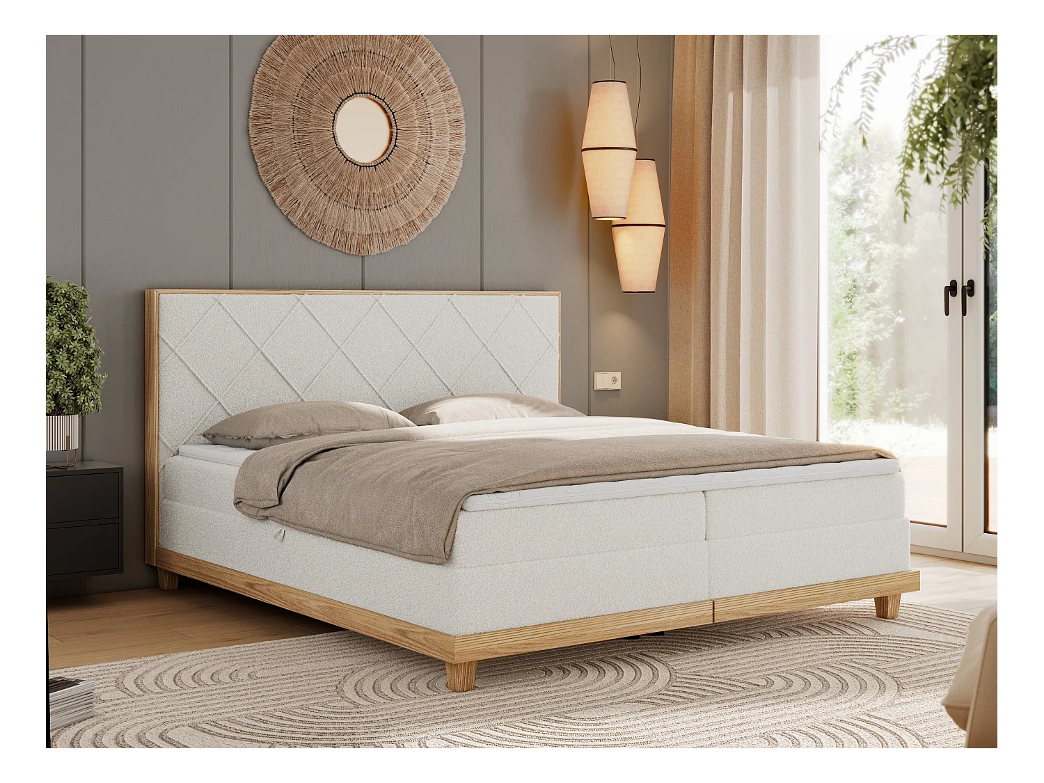 Boxspringbett CAICOS - mit gestepptem Kopfteil, Multipocket-Matratze und Topper, Holzelementen - 180x200 cm - H3 - Weiß Boucle