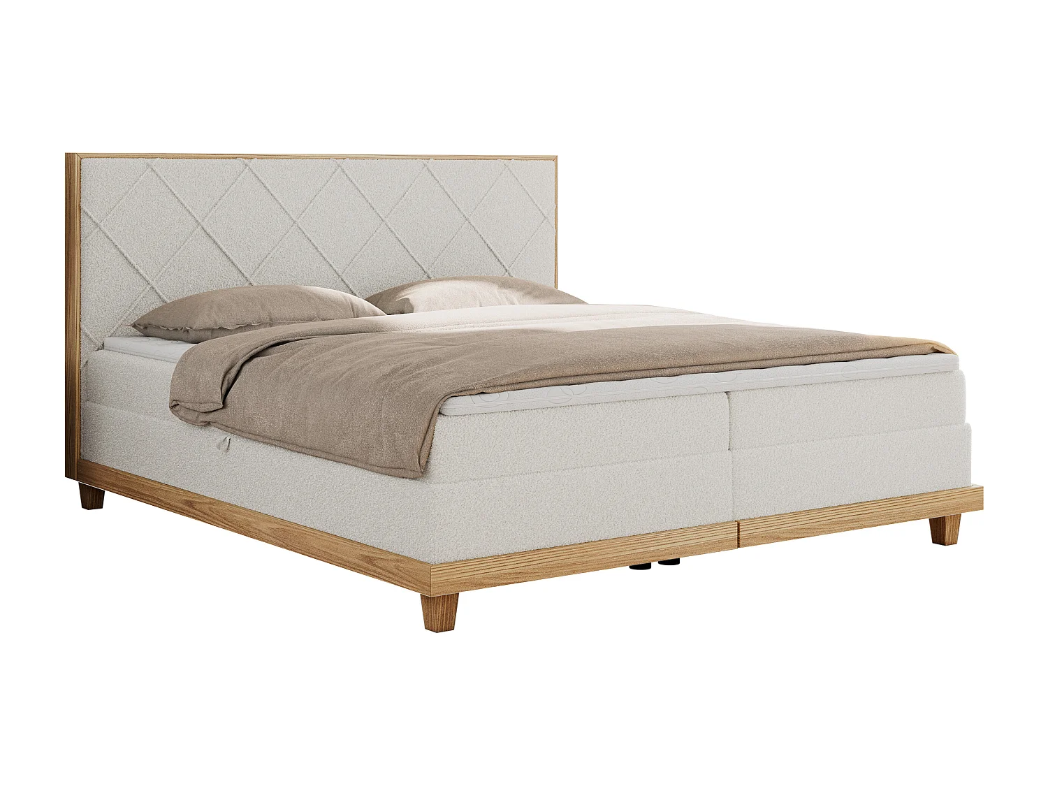 Boxspringbett CAICOS - mit gestepptem Kopfteil, Multipocket-Matratze und Topper, Holzelementen - 180x200 cm - H3 - Weiß Boucle