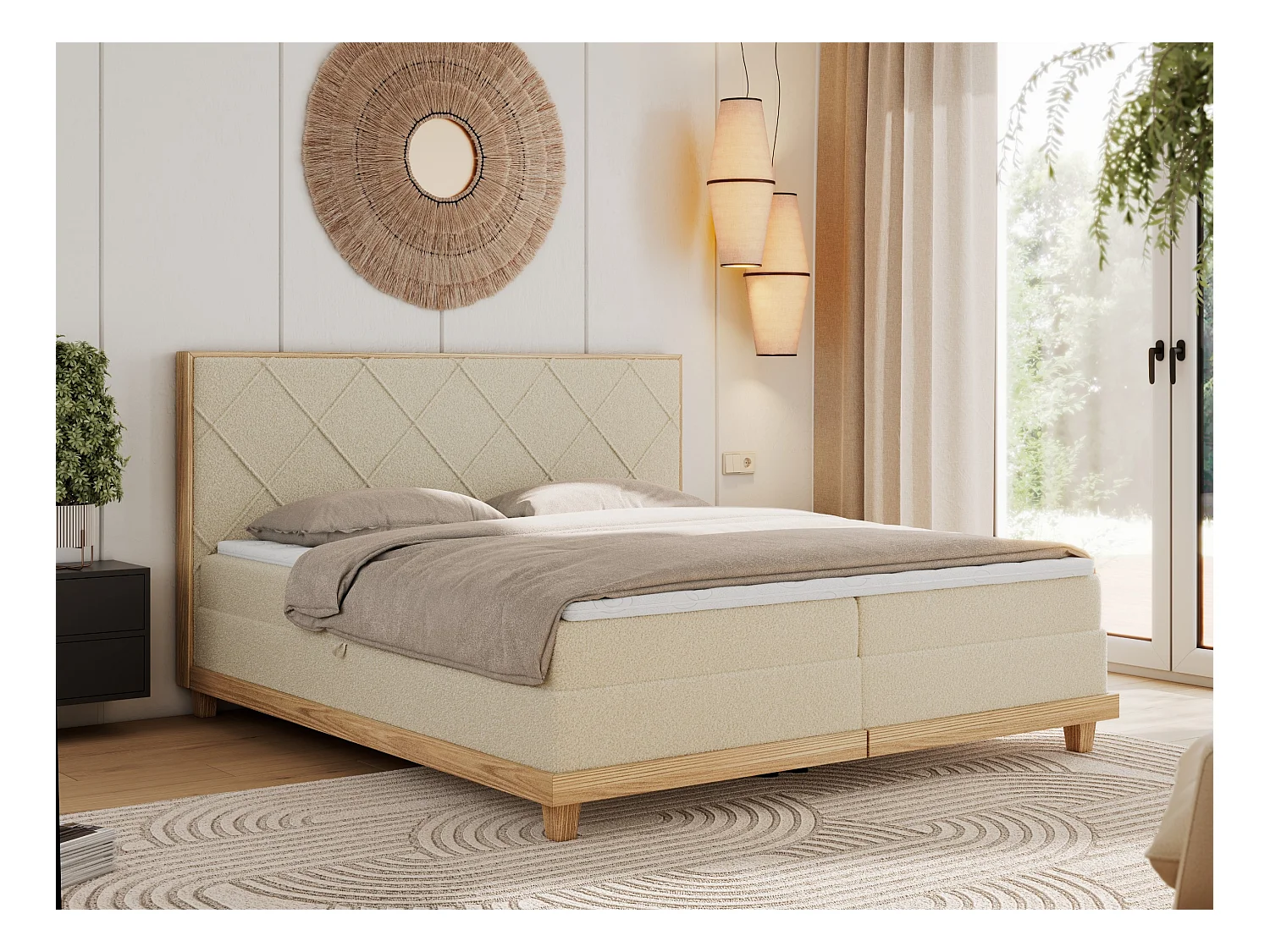Boxspringbett CAICOS - mit gestepptem Kopfteil, Multipocket-Matratze und Topper, Holzelementen - 180x200 cm - H4 - Beige Boucle