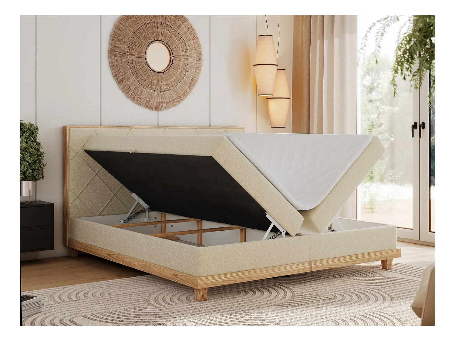 Boxspringbett CAICOS - mit gestepptem Kopfteil, Multipocket-Matratze und Topper, Holzelementen - 180x200 cm - H4 - Beige Boucle