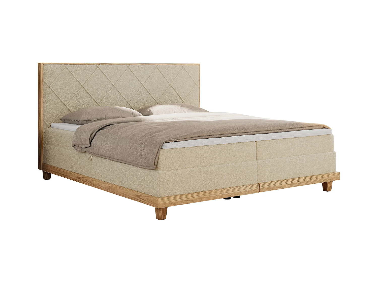 Boxspringbett CAICOS - mit gestepptem Kopfteil, Multipocket-Matratze und Topper, Holzelementen - 180x200 cm - H4 - Beige Boucle