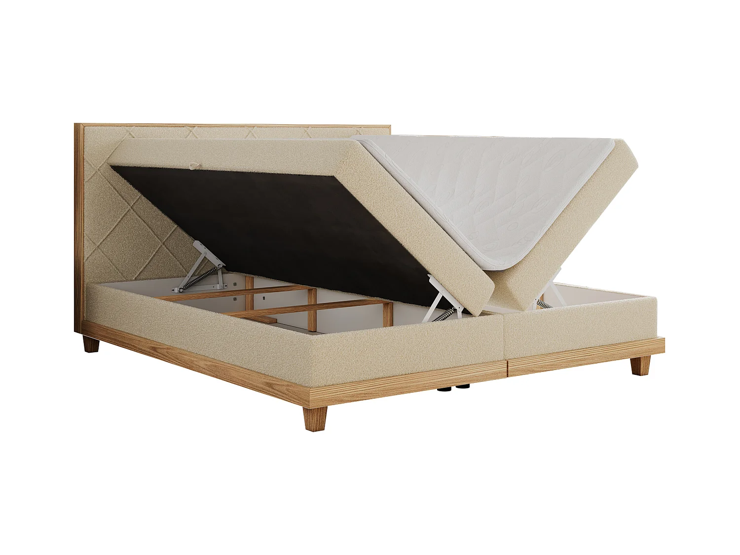 Boxspringbett CAICOS - mit gestepptem Kopfteil, Multipocket-Matratze und Topper, Holzelementen - 180x200 cm - H4 - Beige Boucle