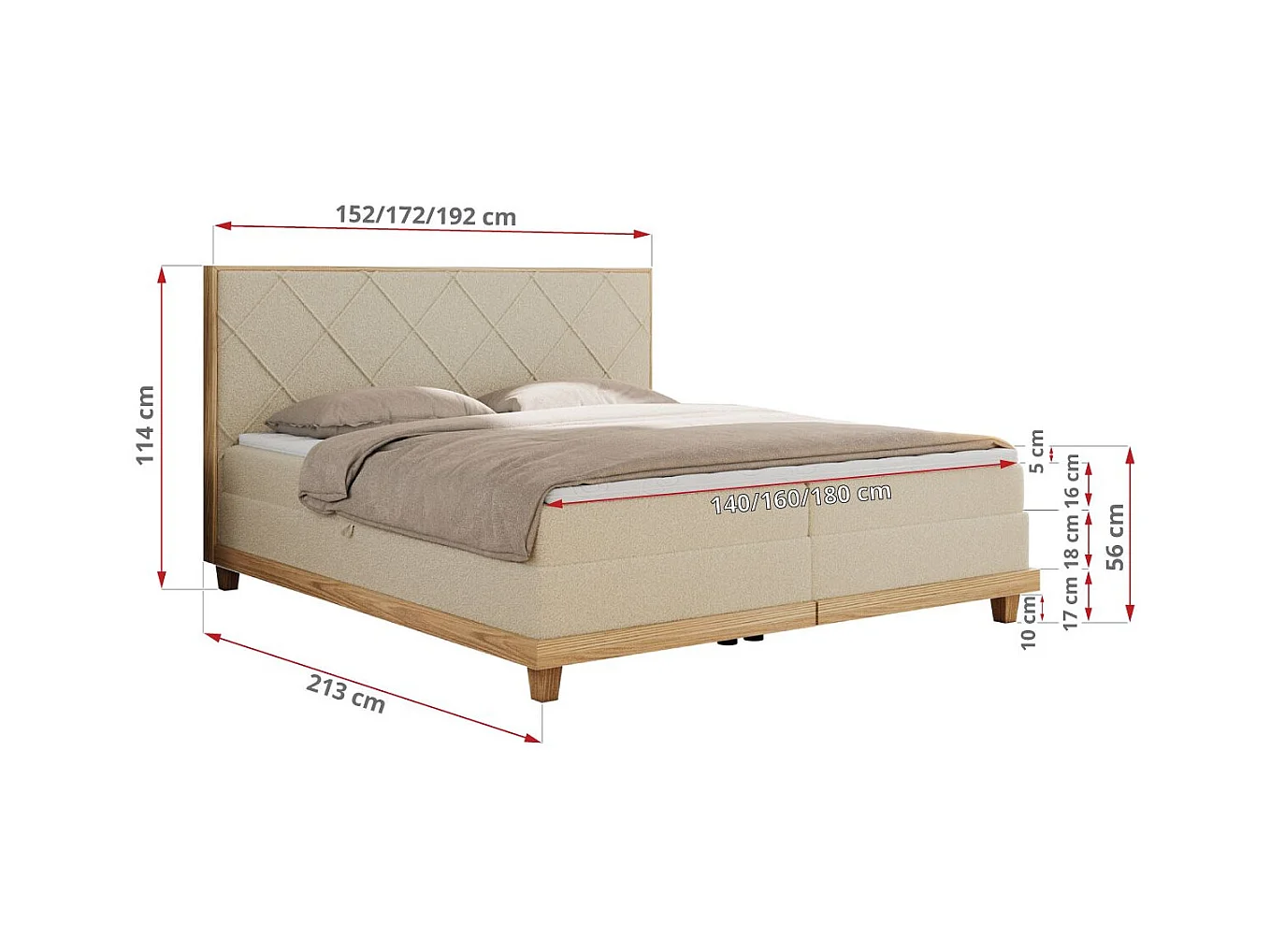 Boxspringbett CAICOS - mit gestepptem Kopfteil, Multipocket-Matratze und Topper, Holzelementen - 180x200 cm - H4 - Beige Boucle