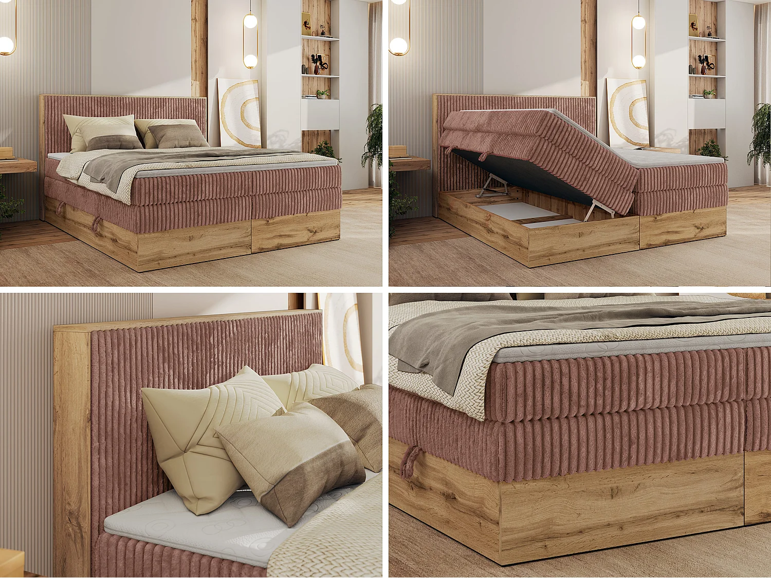 Boxspringbett WOOD CLASSIC KING - Polsterbett mit hohe Kopfteil, zwei Multipocket-Matratze, Bettkästen - 200x200 cm - H3 - Rosa Cord