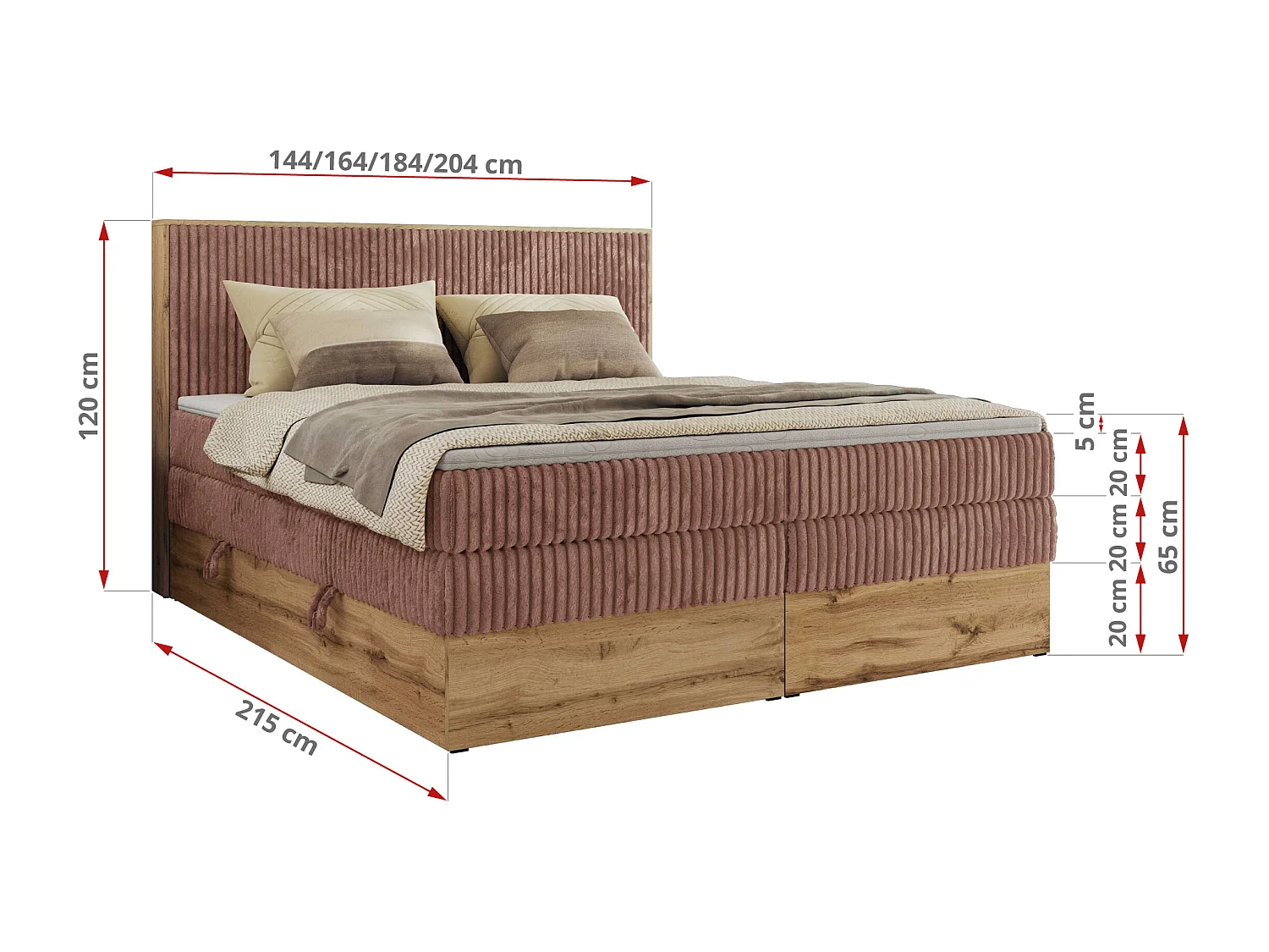 Boxspringbett WOOD CLASSIC KING - Polsterbett mit hohe Kopfteil, zwei Multipocket-Matratze, Bettkästen - 200x200 cm - H3 - Rosa Cord