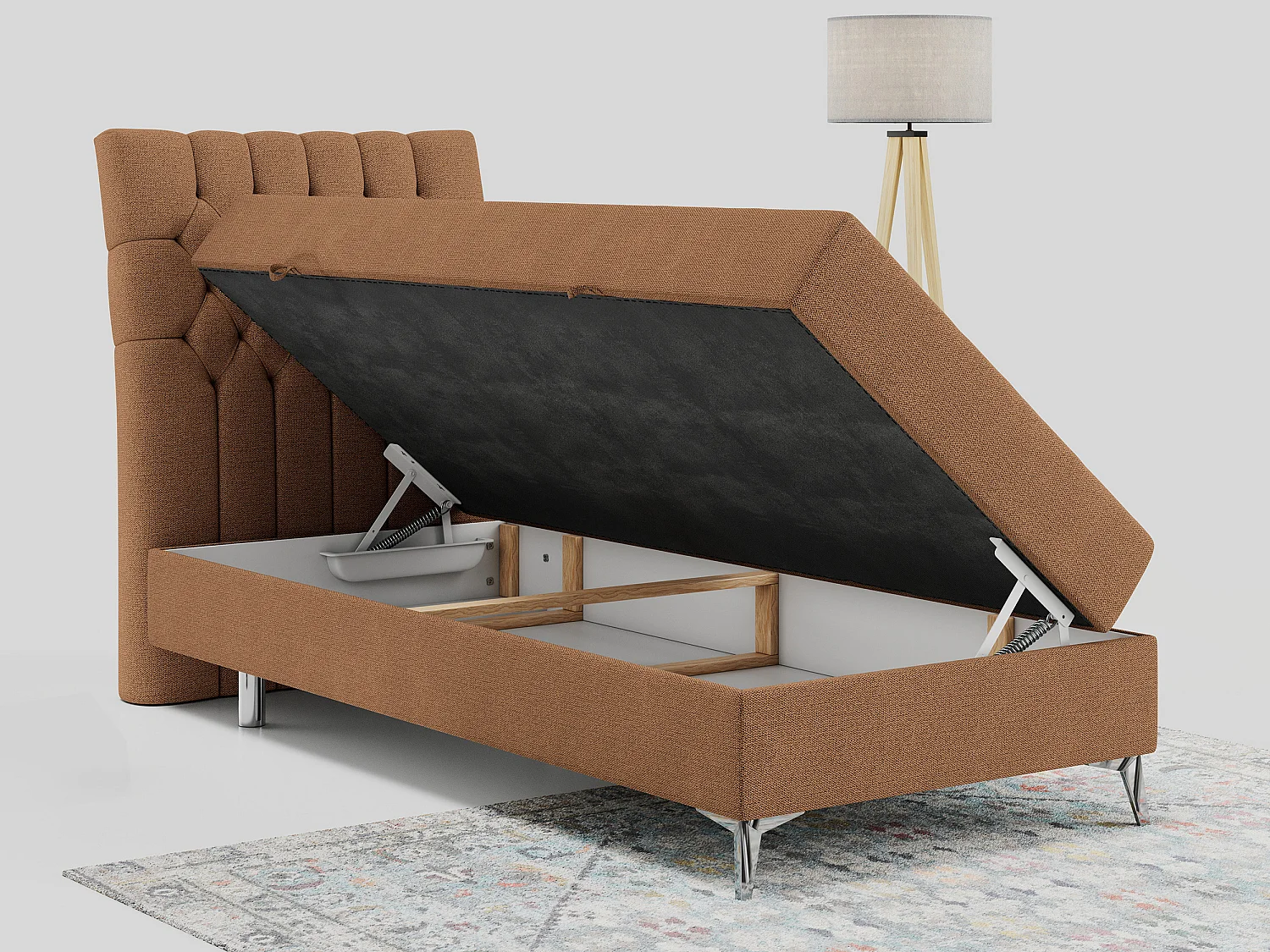 Boxspringbett MILEN - Polsterbett auf Metallbeine, Set mit Multipocket-Matratze, Gesteppte Kopfstütze - 90x200 cm - H4 - Orange Strukture - Links Seite