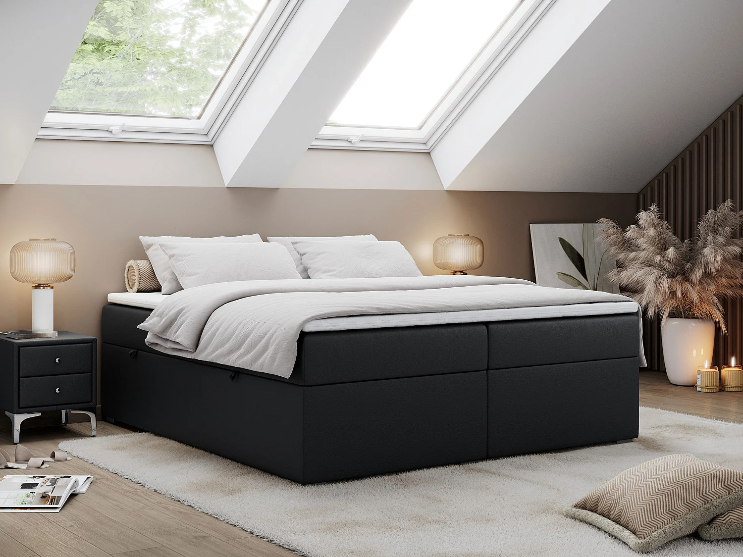 Boxspringbett BESS - Doppelbett mit Stauraum, Polsterbett, Multipocket-Matratzen und Topper - 200x200 cm - H3 - Schwarz Kunstleder