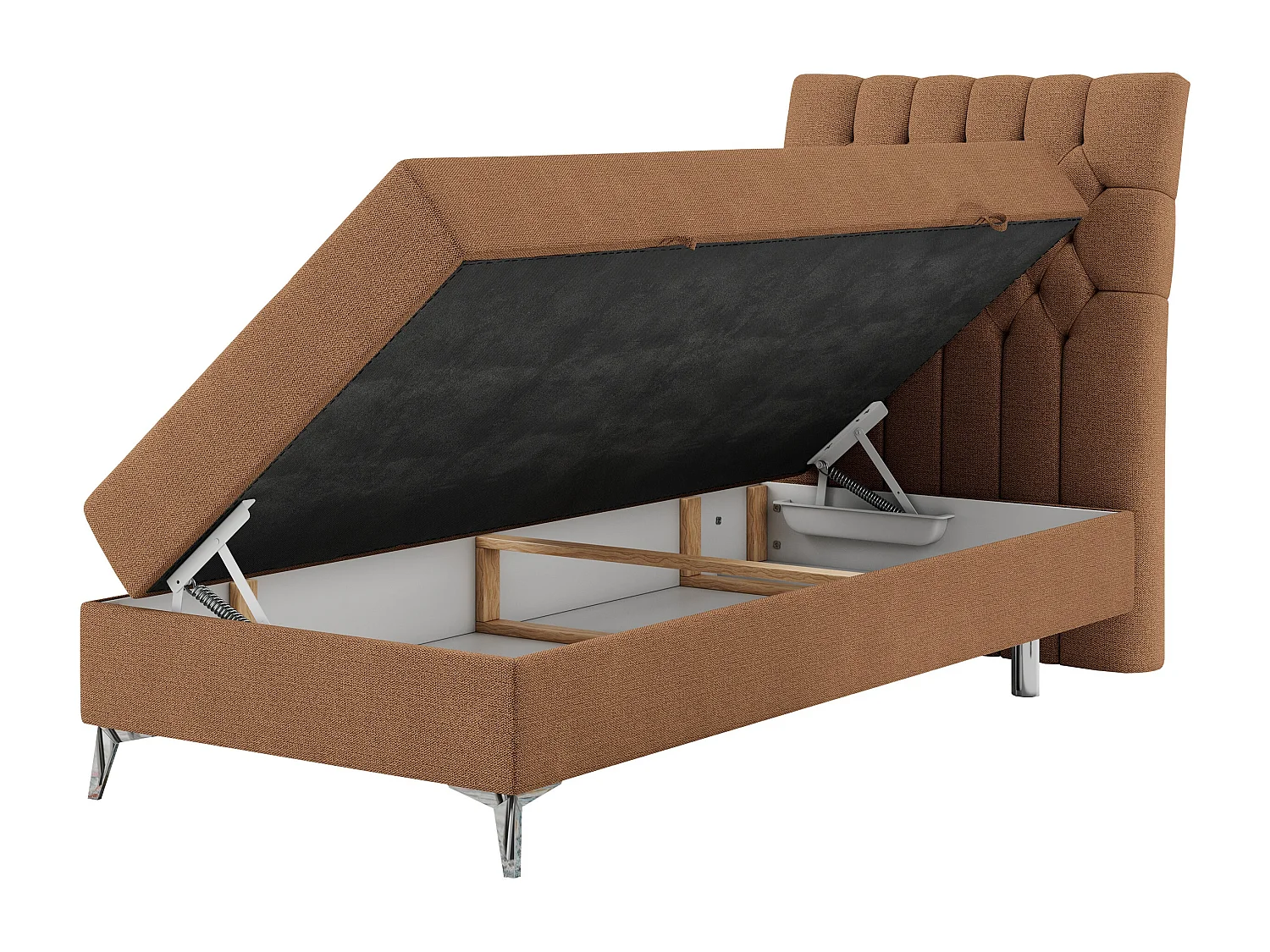 Boxspringbett MILEN - Polsterbett auf Metallbeine, Set mit Multipocket-Matratze, Gesteppte Kopfstütze - 90x200 cm - H4 - Orange Strukture - Rechts Seite