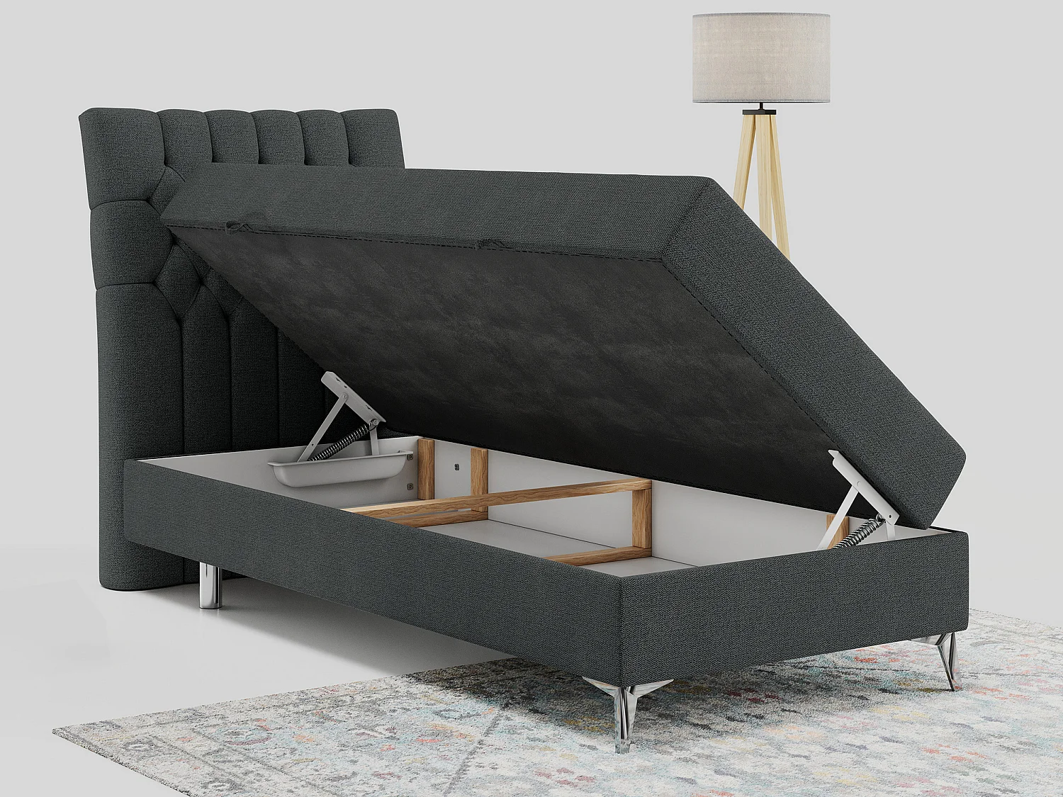 Boxspringbett MILEN - Polsterbett auf Metallbeine, Set mit Multipocket-Matratze, Gesteppte Kopfstütze - 90x200 cm - H3 - Dunkelgrau Strukture - Links Seite