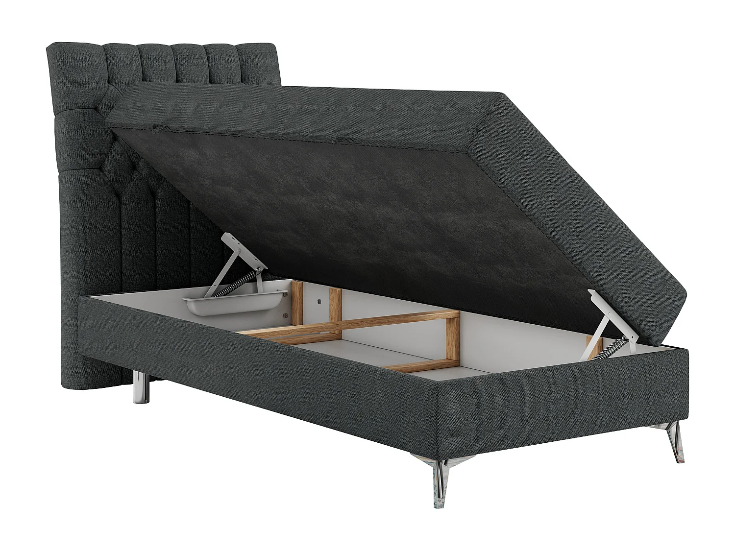 Boxspringbett MILEN - Polsterbett auf Metallbeine, Set mit Multipocket-Matratze, Gesteppte Kopfstütze - 90x200 cm - H3 - Dunkelgrau Strukture - Links Seite